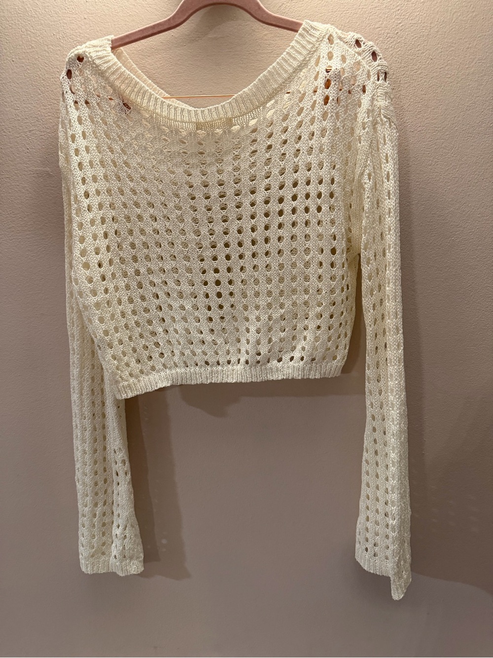 Cream Open Knit Cropped Sweater Long Sleeve Mesh Cover Up Size Small